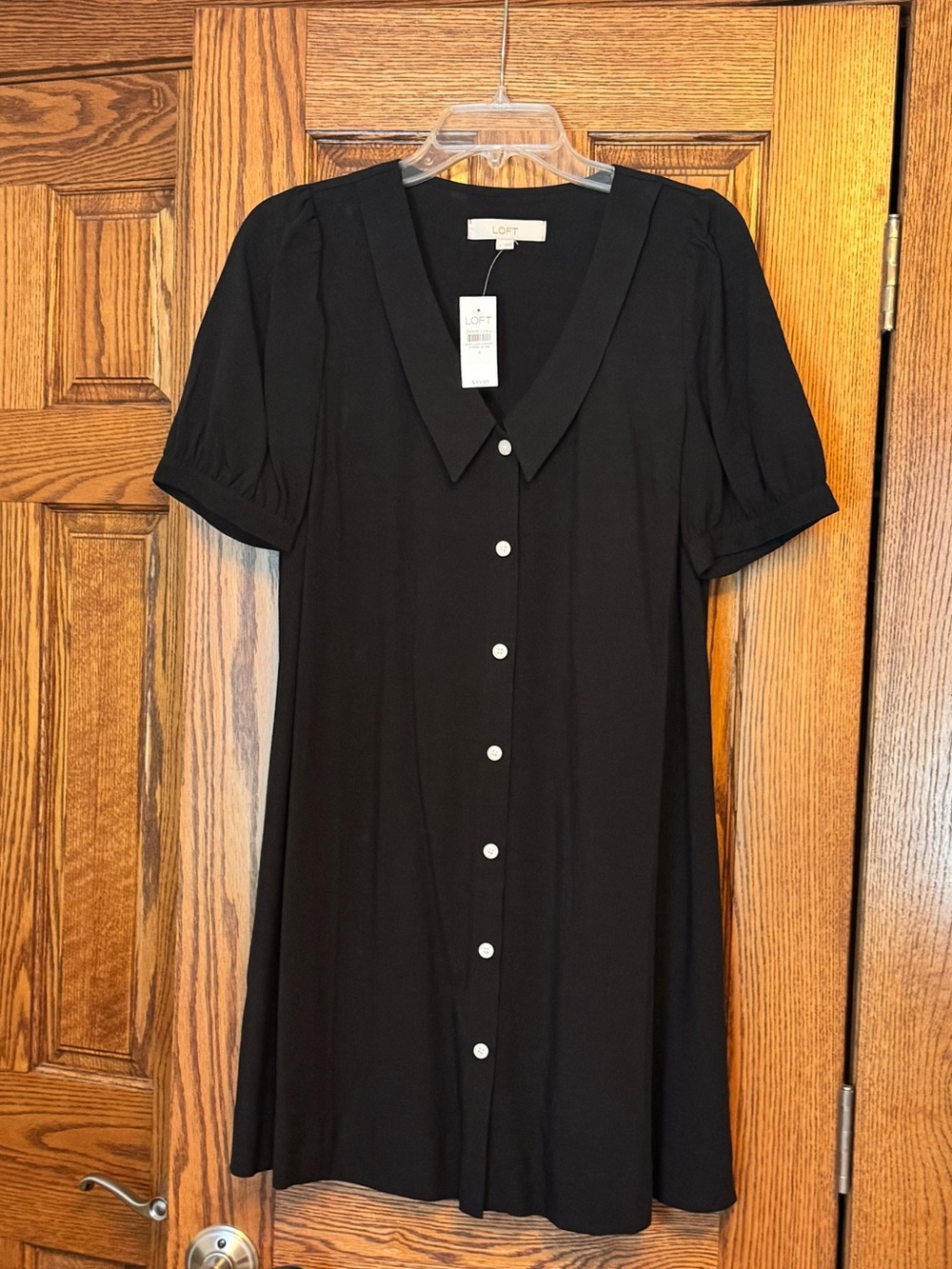 LOFT Black Short-Sleeve Button Front Dress with Pointed Collar